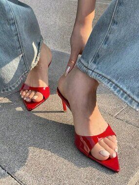 Red Sexy Women's Square Toe Slingback Stilettos High Heel Sandals